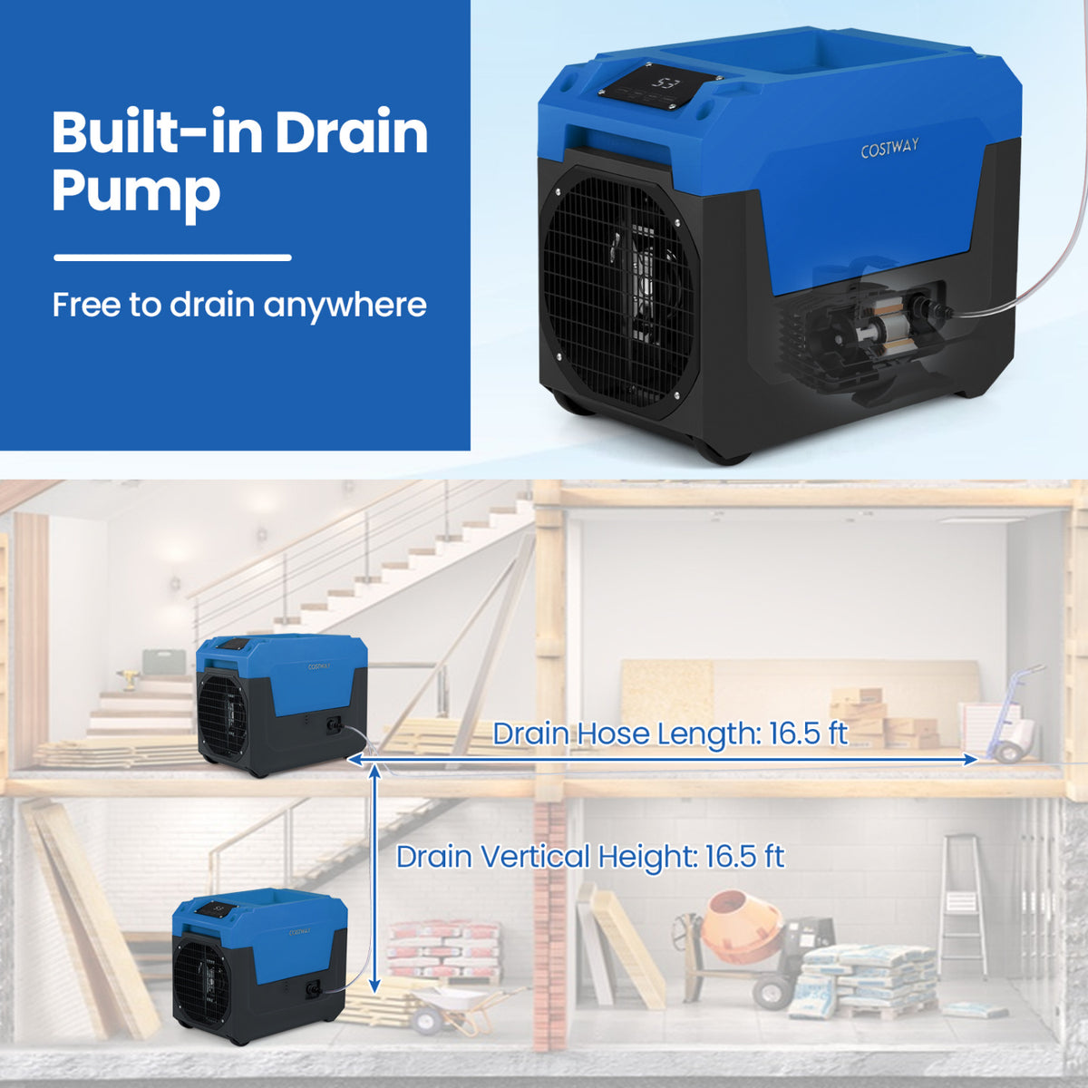 Déshumidificateur commercial 66 L avec pompe et tuyau