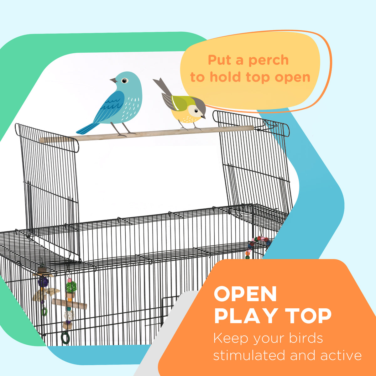 Large bird cage with open top and stand