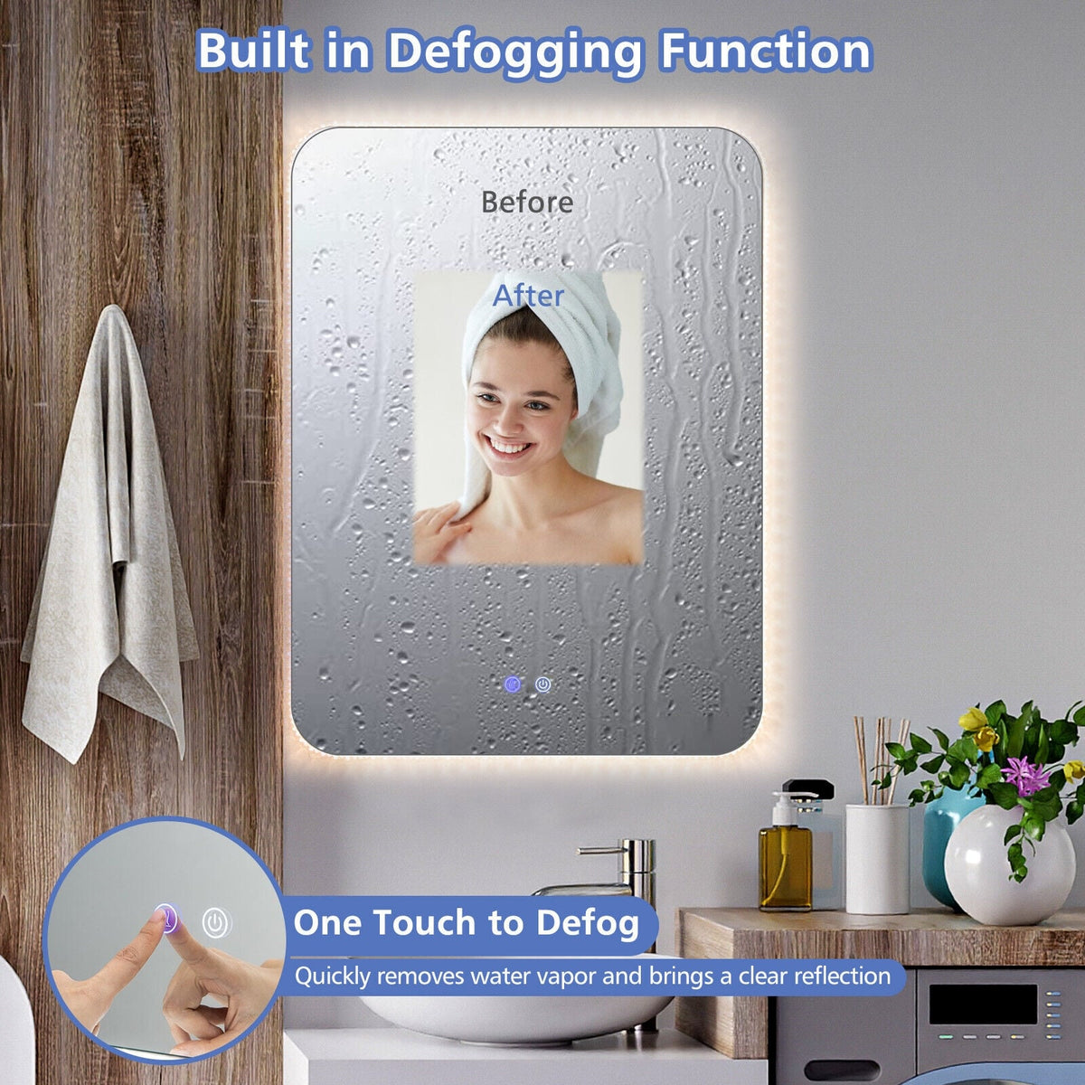 Miroir mural lumineux anti-buée tactile 81 x 61 cm