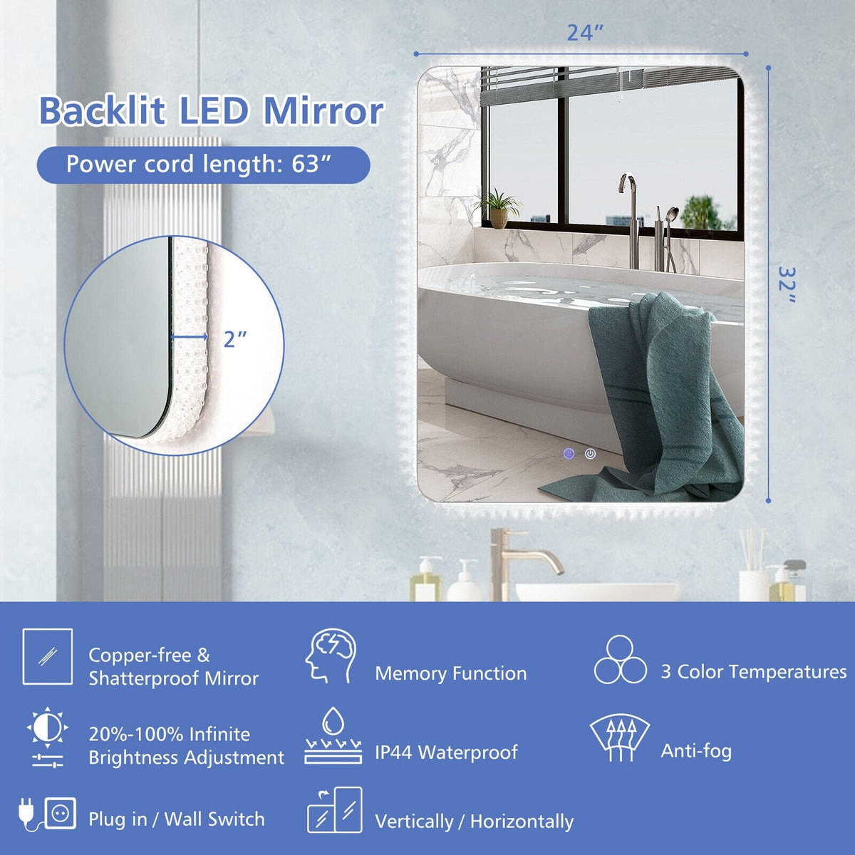 Miroir mural lumineux anti-buée tactile 81 x 61 cm