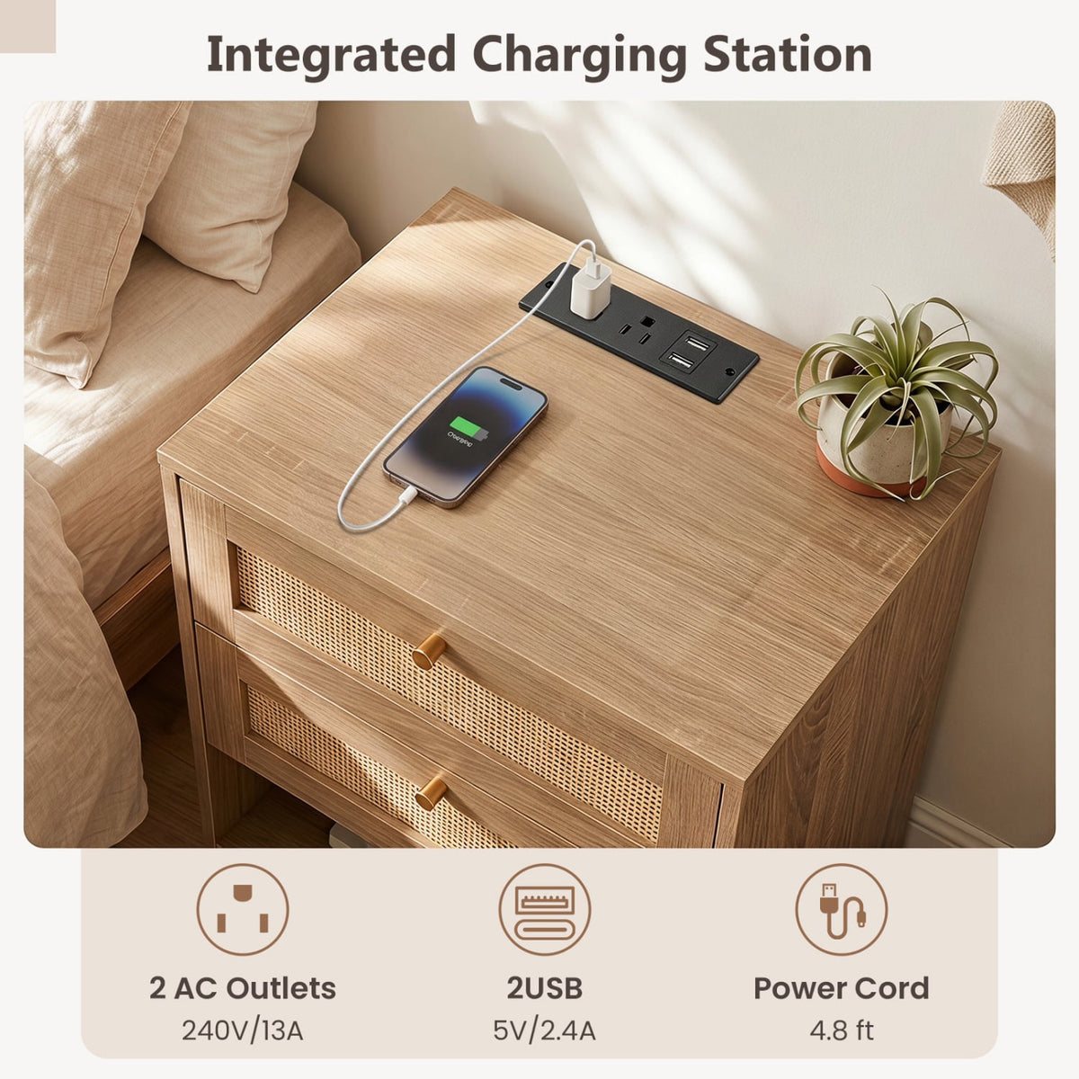 Table de chevet style bohème avec station de charge