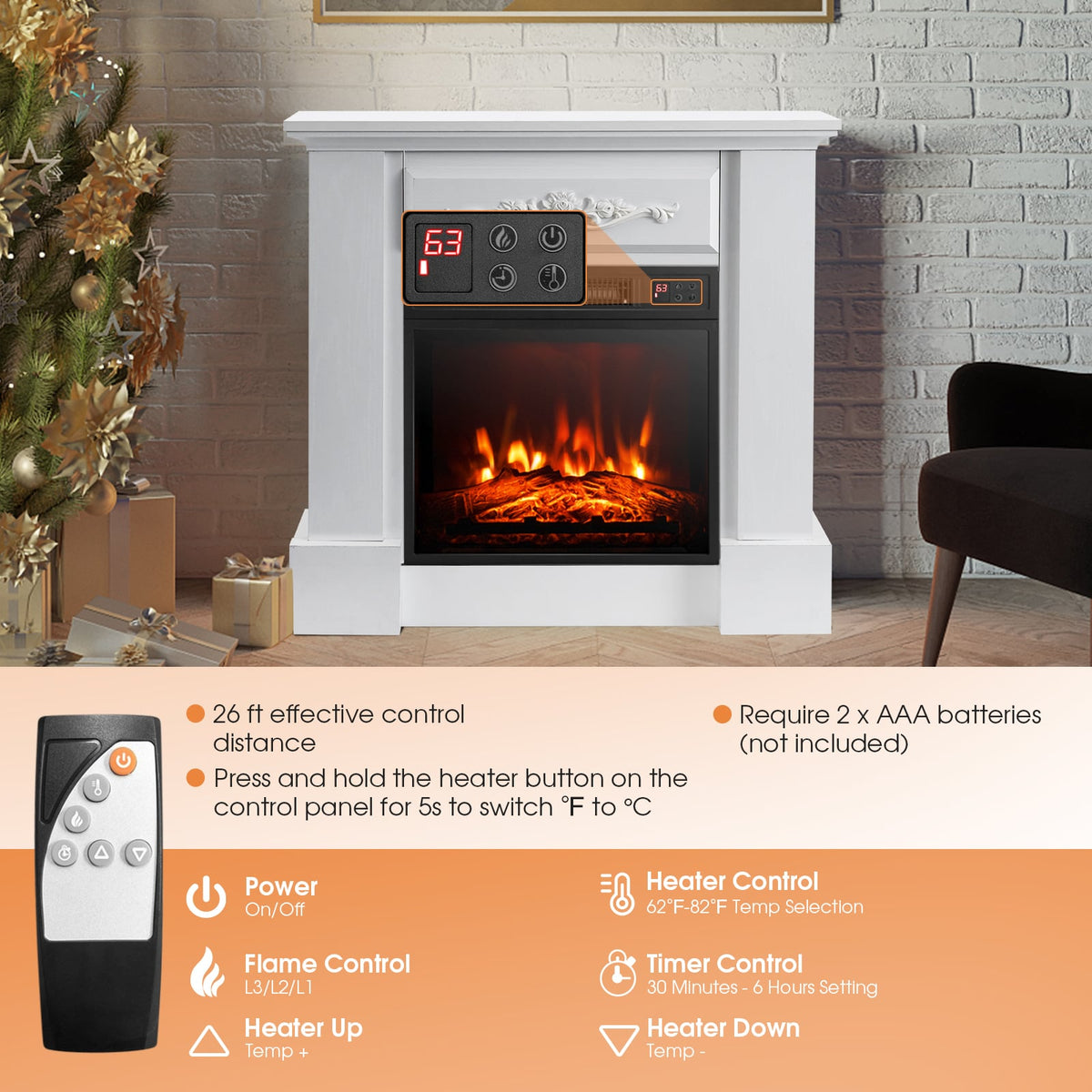Foyer électrique meuble télé 1400W avec télécommande