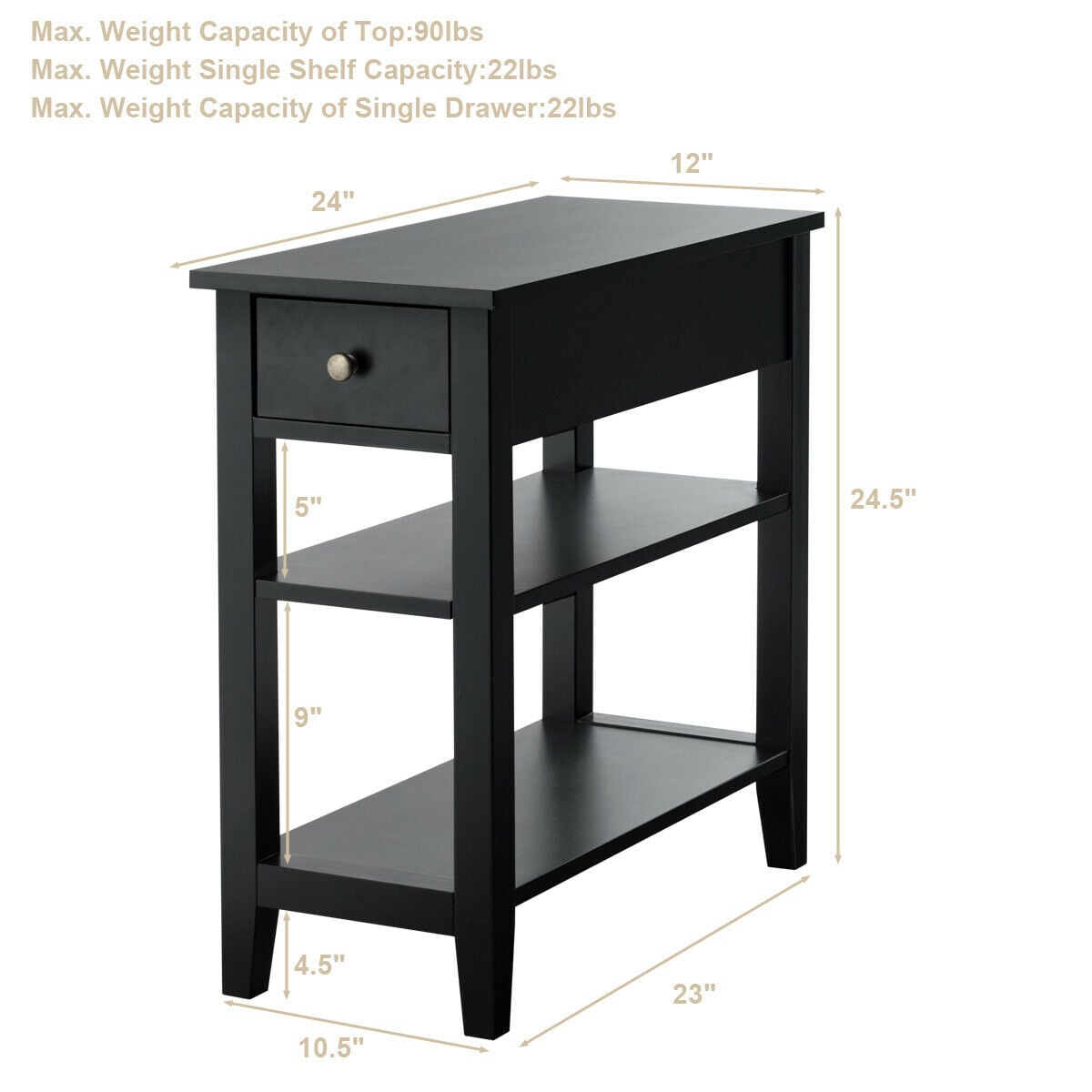Table de chevet étroite à trois niveaux avec tiroir