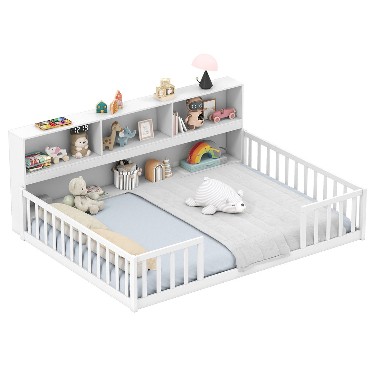 Lit Montessori de sol avec bibliothèque