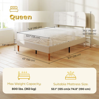 Queen Upholstered Platform Bed Frame with Adjustable Headboard