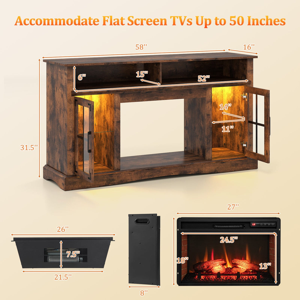 Meuble TV rustique avec foyer électrique pour téléviseur jusqu'à 127 cm