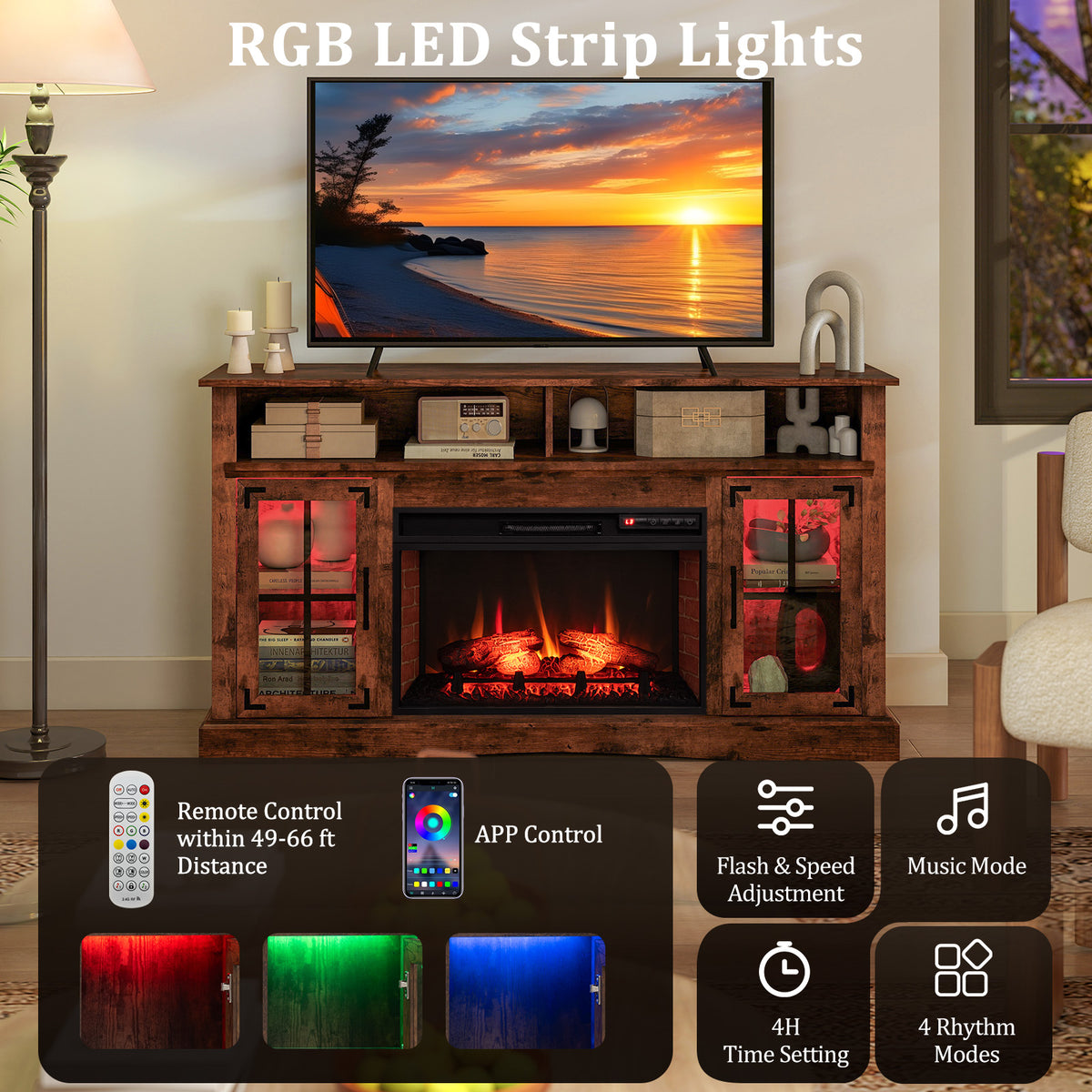 Meuble TV rustique avec foyer électrique pour téléviseur jusqu'à 127 cm