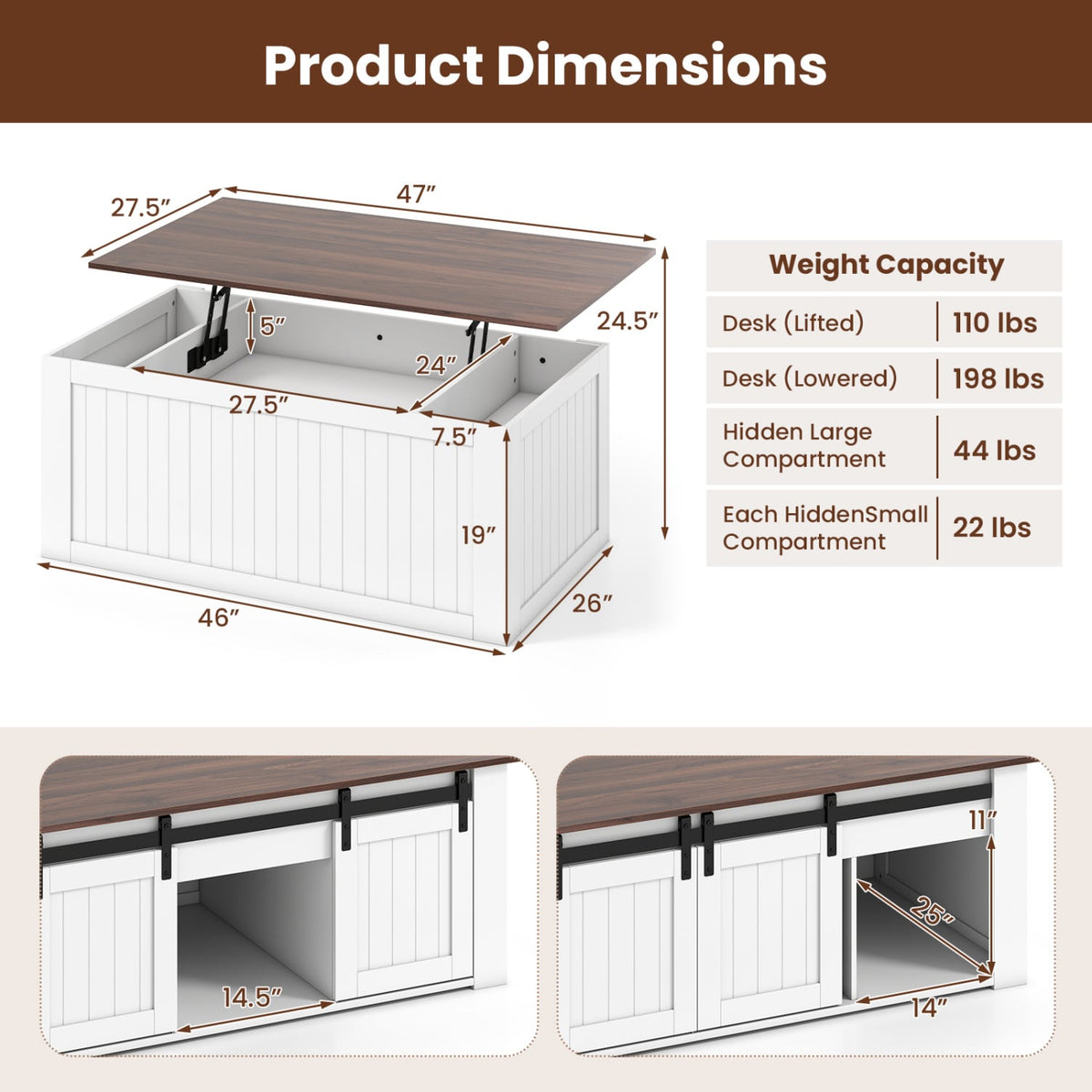 Table basse relevable plateau élévateur avec porte de grange 120 cm