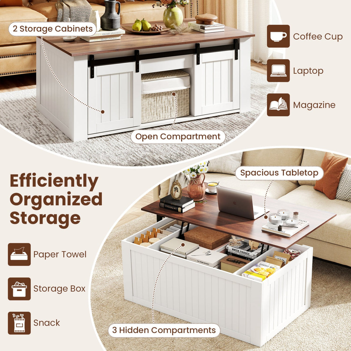 Table basse relevable plateau élévateur avec porte de grange 120 cm