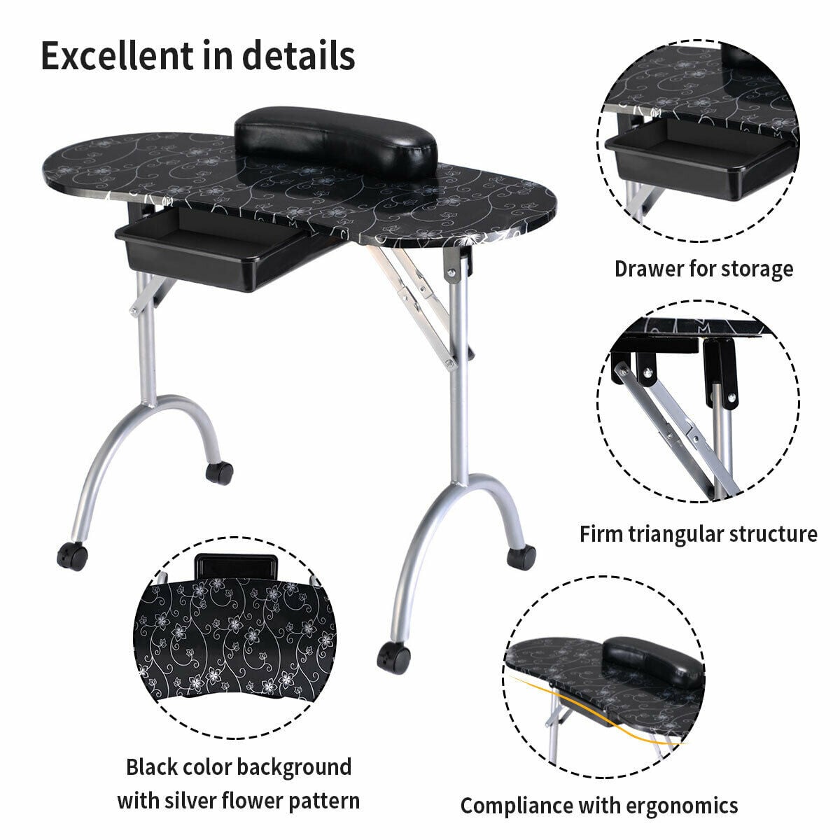 Table à manucure portable pliable avec tiroir et coussin