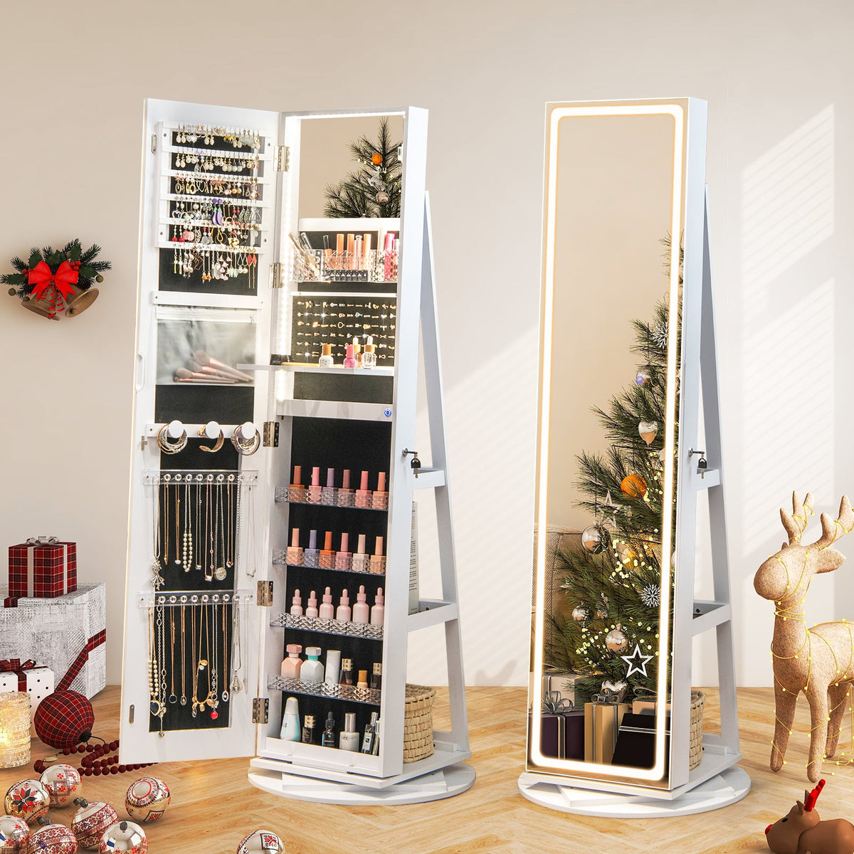 Armoire à bijoux 4-en-1 pivotante avec miroir et DEL réglables