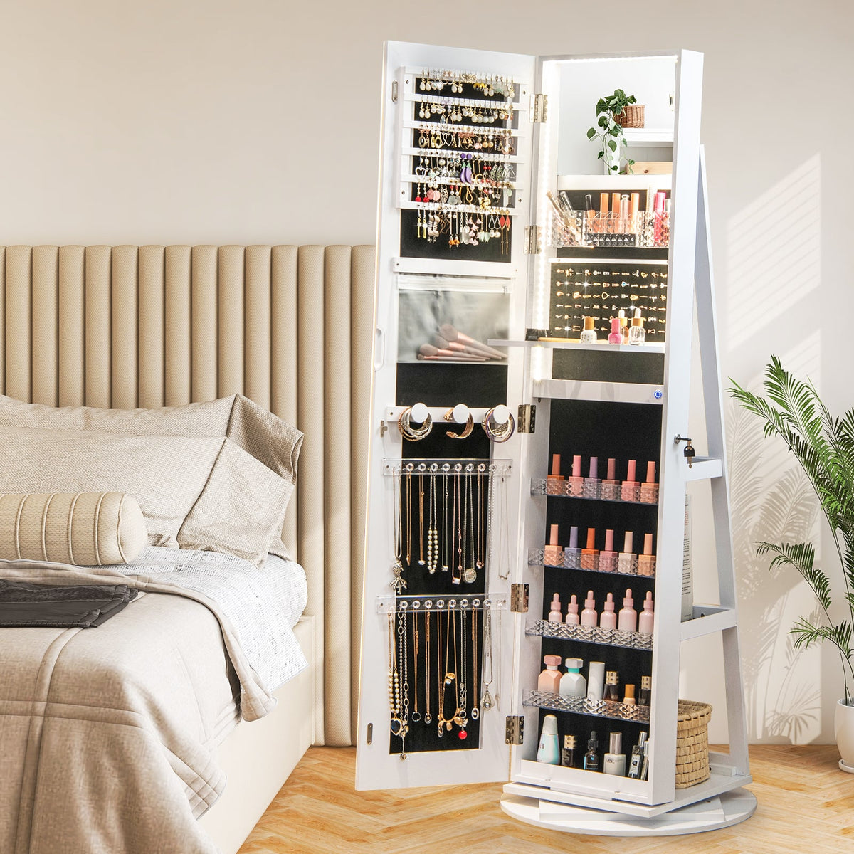 Armoire à bijoux 4-en-1 pivotante avec miroir et DEL réglables