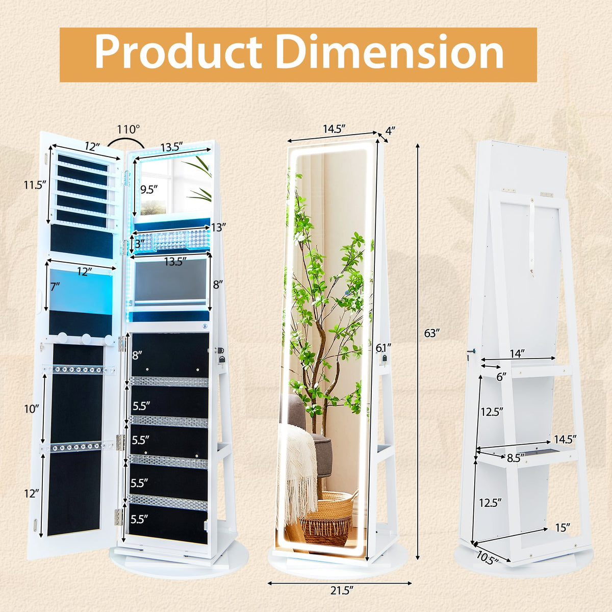 Armoire à bijoux 4-en-1 pivotante avec miroir et DEL réglables
