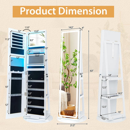 Armoire à bijoux 4-en-1 pivotante avec miroir et DEL réglables