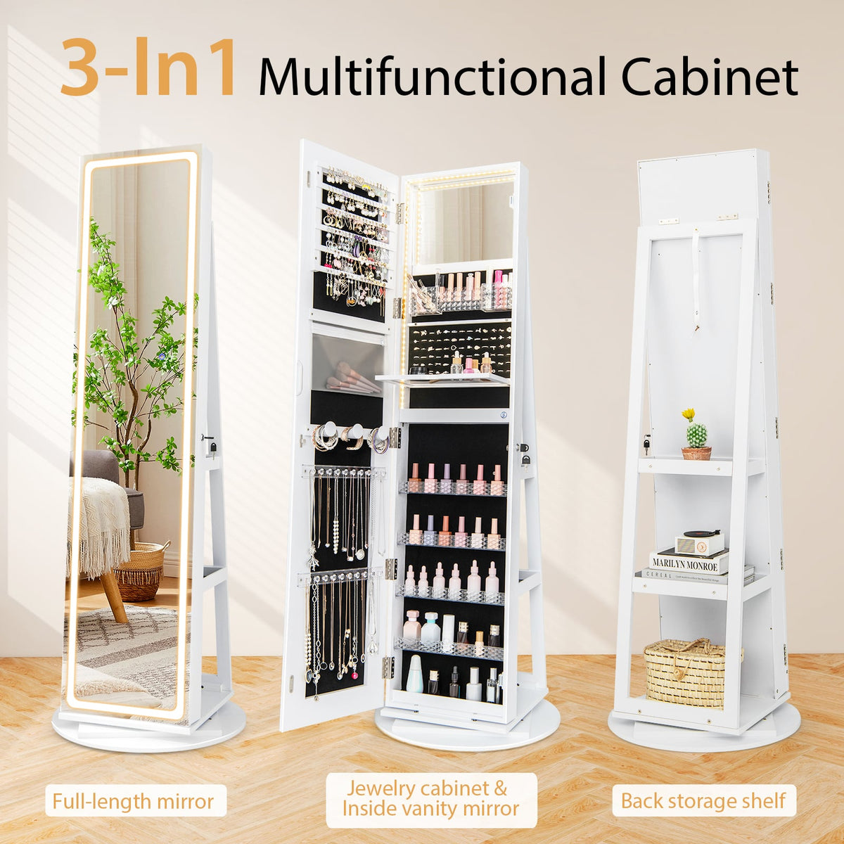 Armoire à bijoux 4-en-1 pivotante avec miroir et DEL réglables
