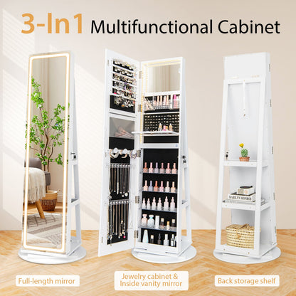 Armoire à bijoux 4-en-1 pivotante avec miroir et DEL réglables