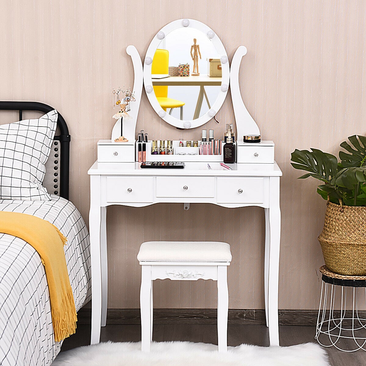 Coiffeuse à grand plateau, miroir à 10 lumières et tabouret rembourré