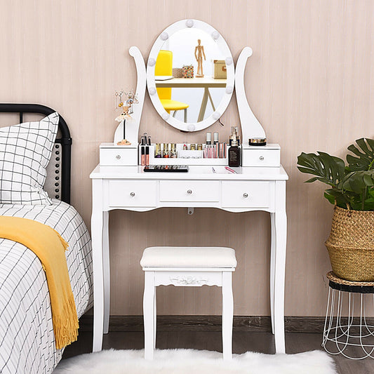 Coiffeuse à grand plateau, miroir à 10 lumières et tabouret rembourré