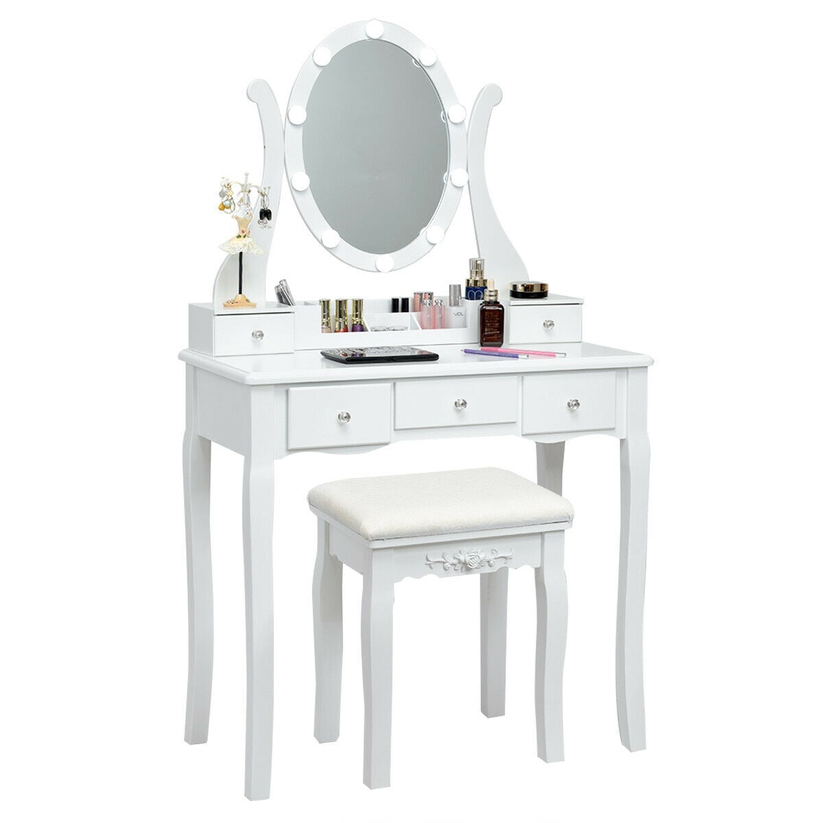 Coiffeuse à grand plateau, miroir à 10 lumières et tabouret rembourré
