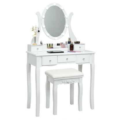 Coiffeuse à grand plateau, miroir à 10 lumières et tabouret rembourré