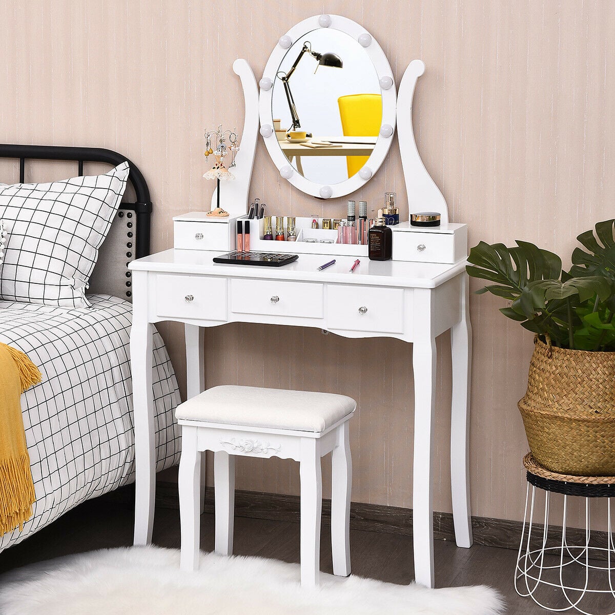 Coiffeuse à grand plateau, miroir à 10 lumières et tabouret rembourré
