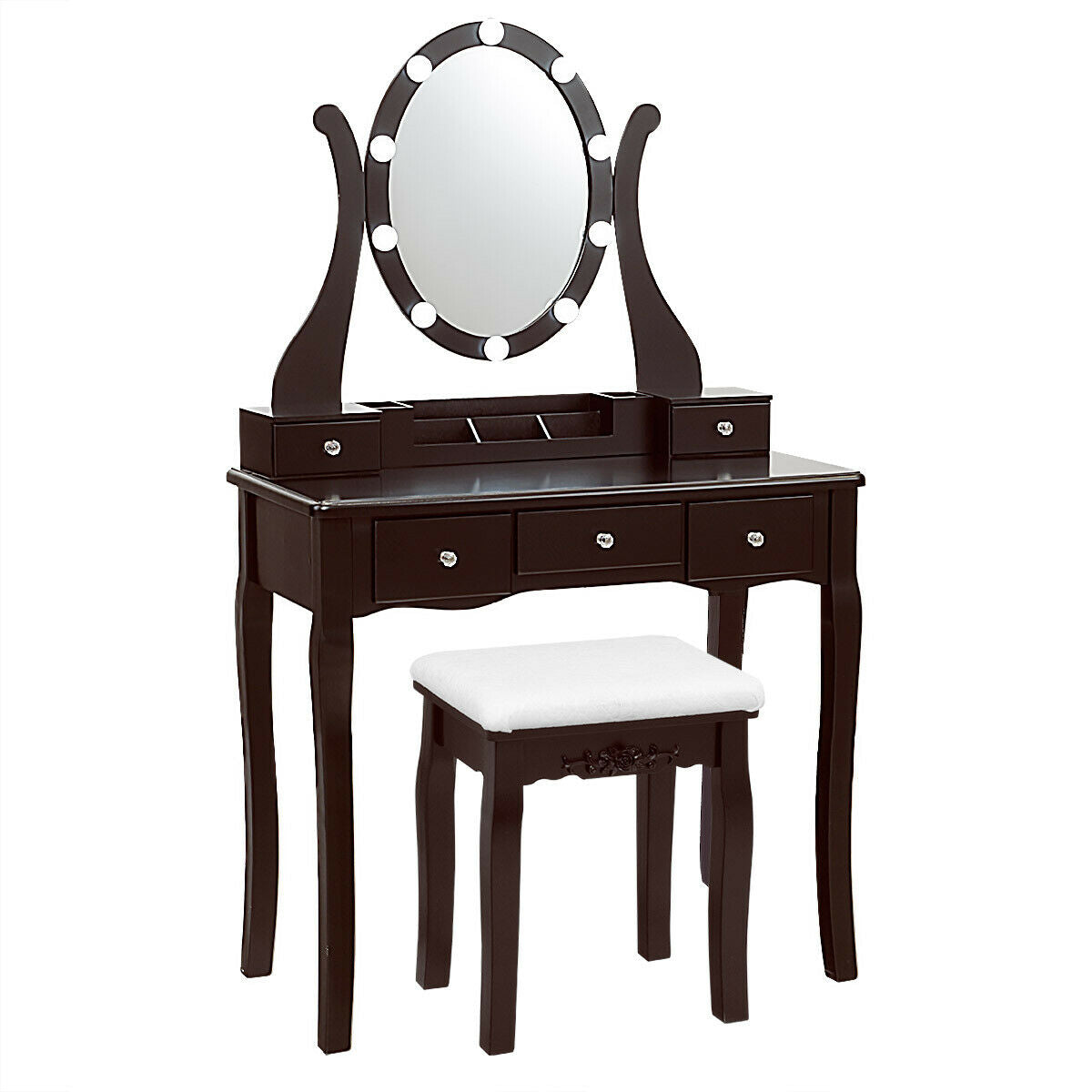 Coiffeuse à grand plateau, miroir à 10 lumières et tabouret rembourré