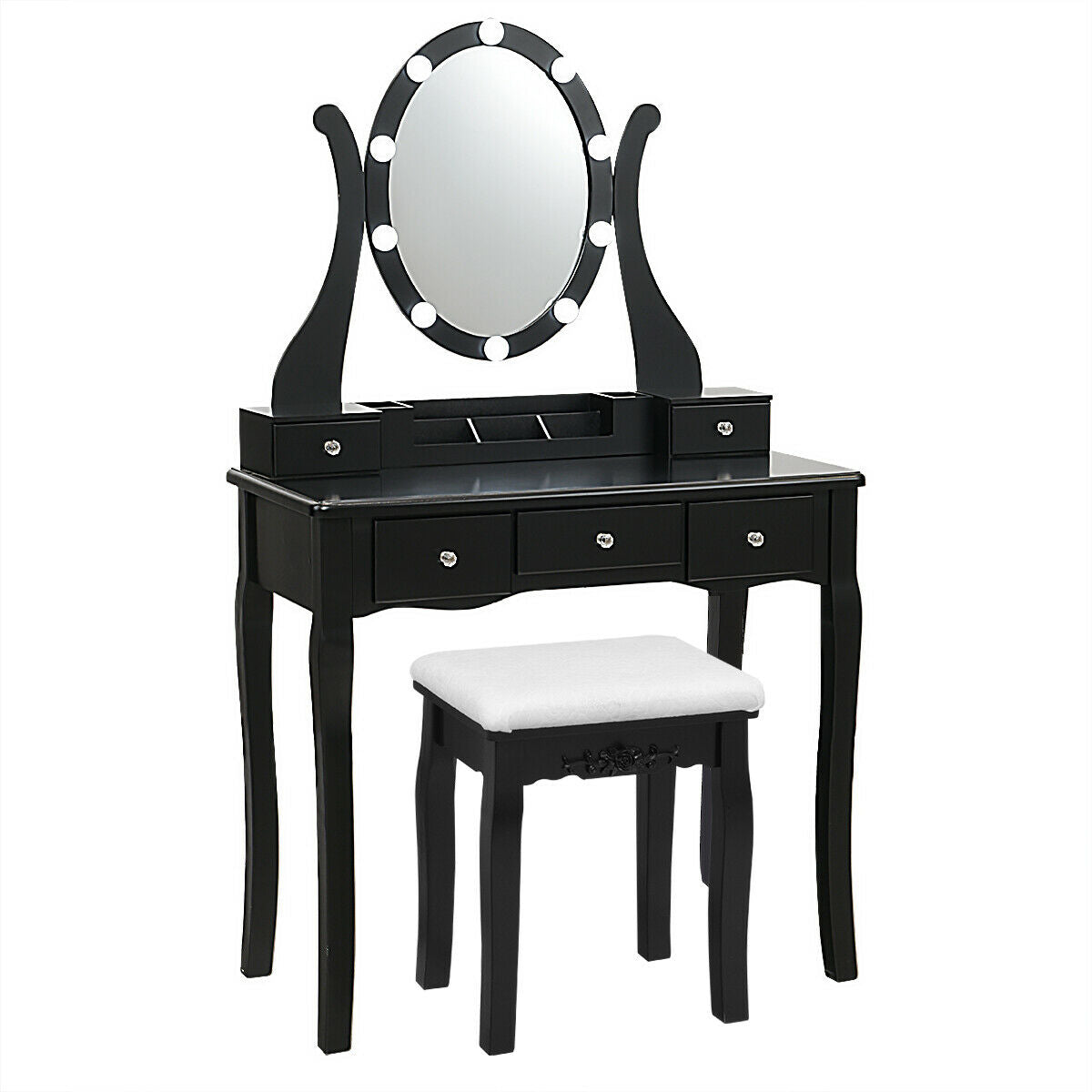 Coiffeuse à grand plateau, miroir à 10 lumières et tabouret rembourré