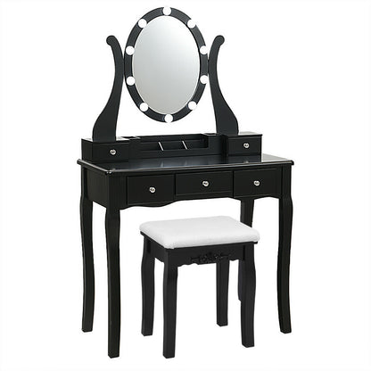 Coiffeuse à grand plateau, miroir à 10 lumières et tabouret rembourré