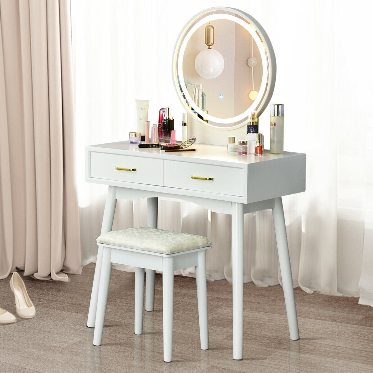 Coiffeuse avec miroir rond lumineux à 3 modes d'éclairage