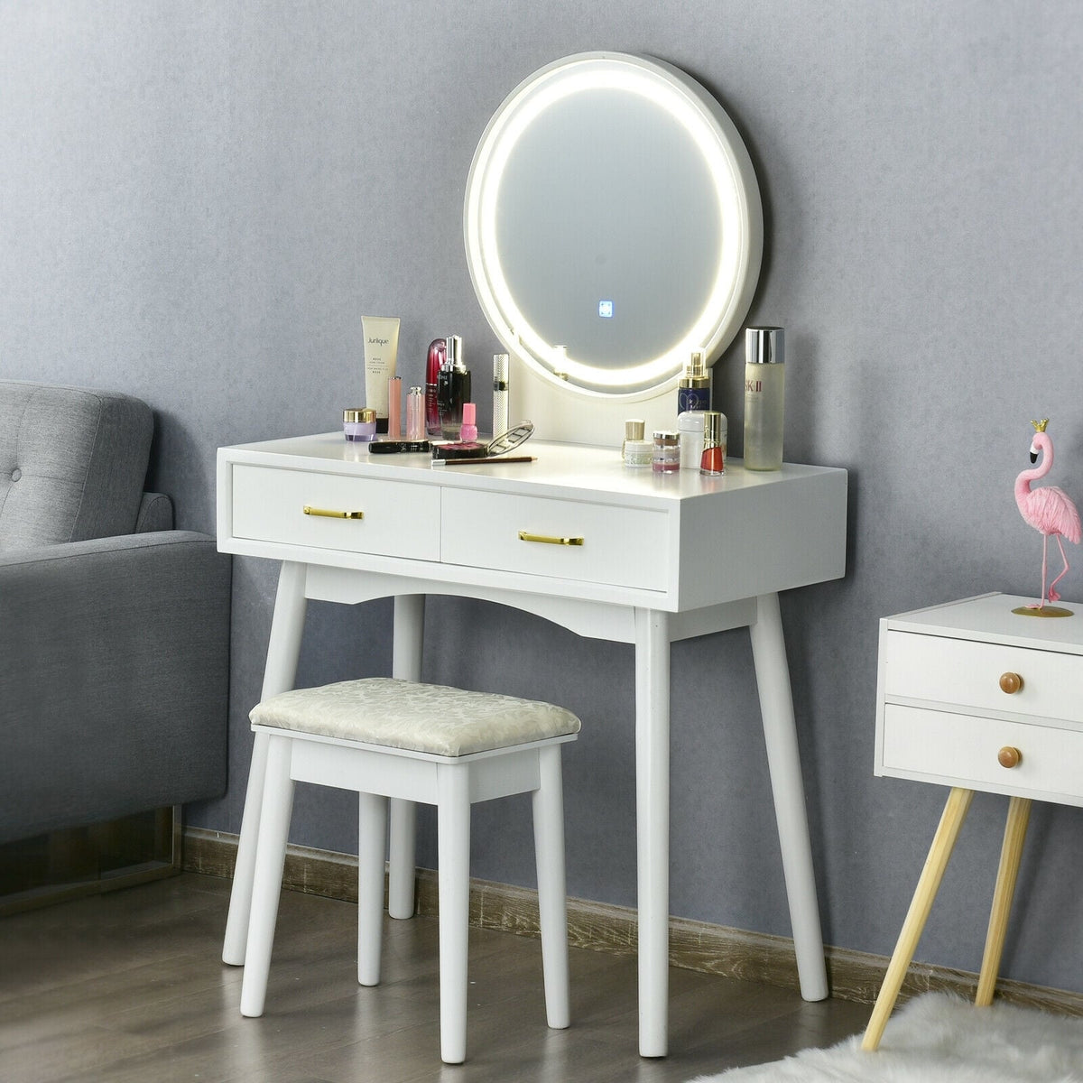 Coiffeuse avec miroir rond lumineux à 3 modes d'éclairage