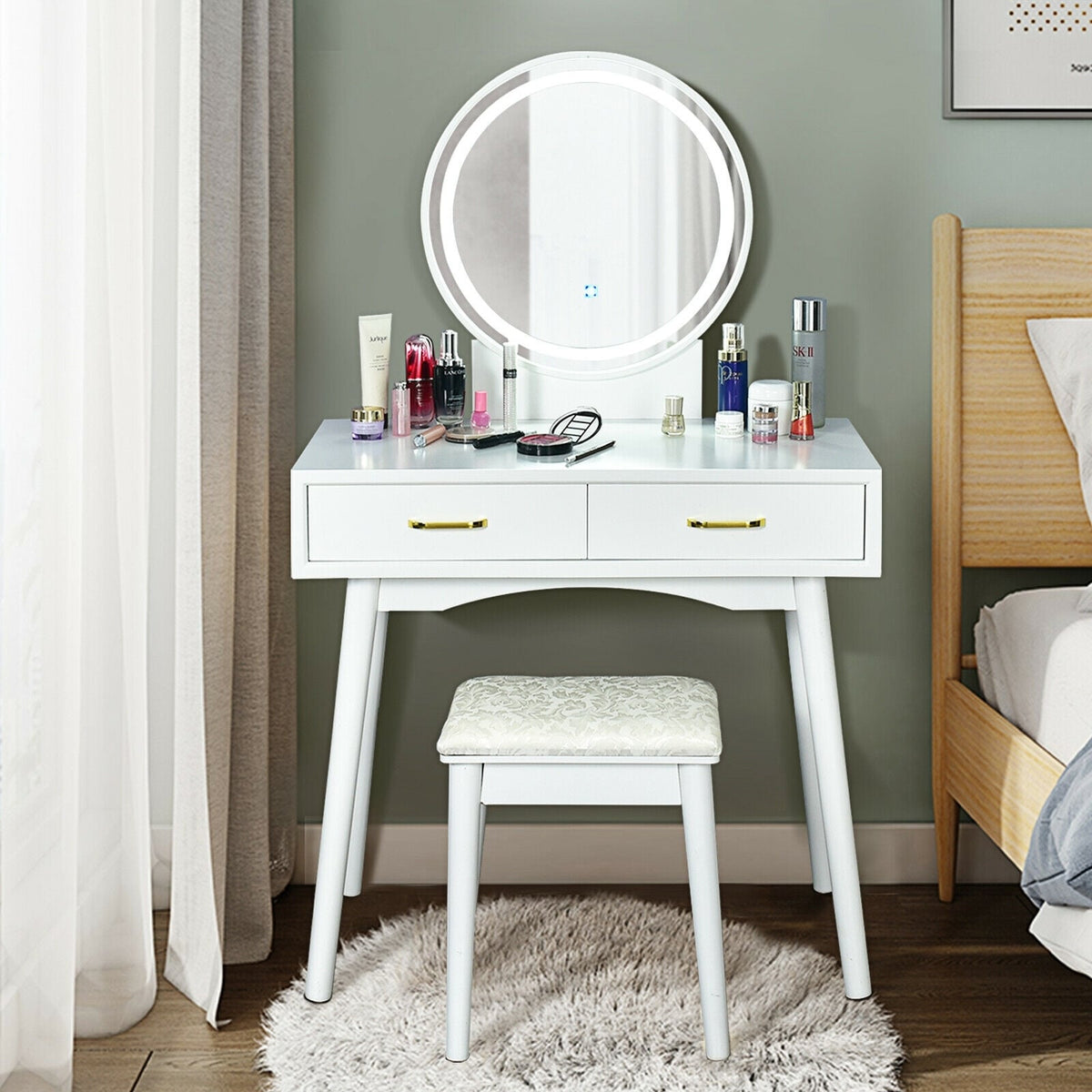 Coiffeuse avec miroir rond lumineux à 3 modes d'éclairage