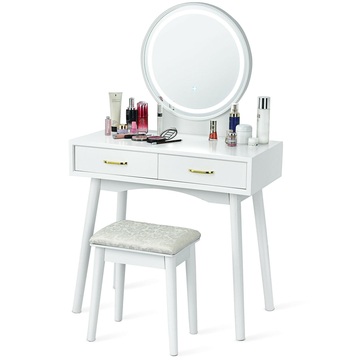 Coiffeuse avec miroir rond lumineux à 3 modes d'éclairage