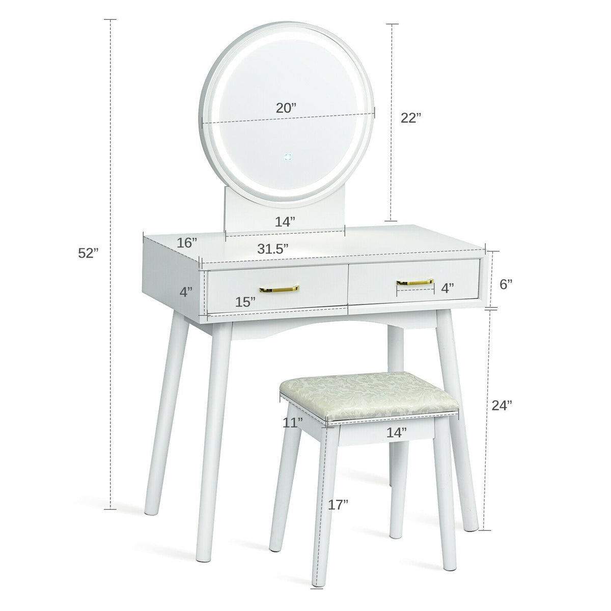 Coiffeuse avec miroir rond lumineux à 3 modes d'éclairage