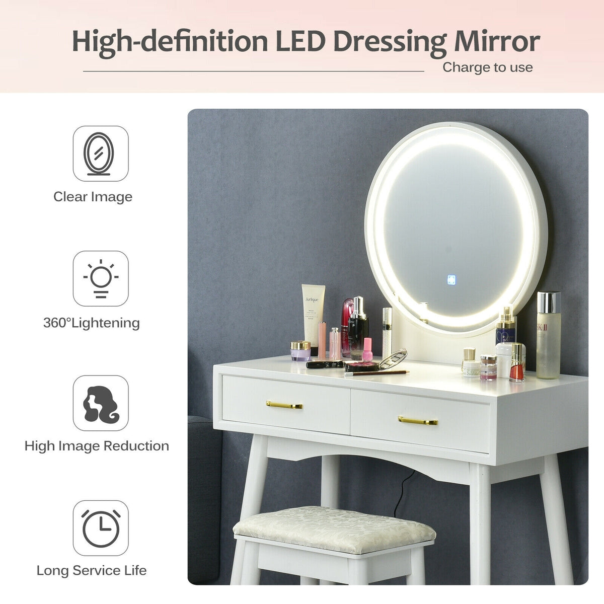 Coiffeuse avec miroir rond lumineux à 3 modes d'éclairage