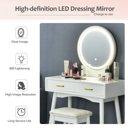 Coiffeuse avec miroir rond lumineux à 3 modes d'éclairage