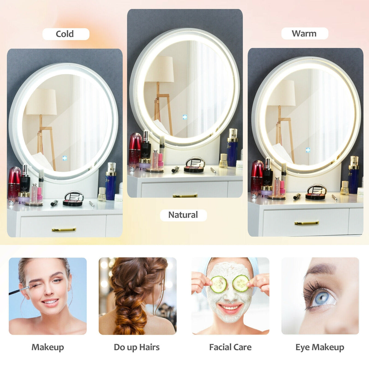 Coiffeuse avec miroir rond lumineux à 3 modes d'éclairage