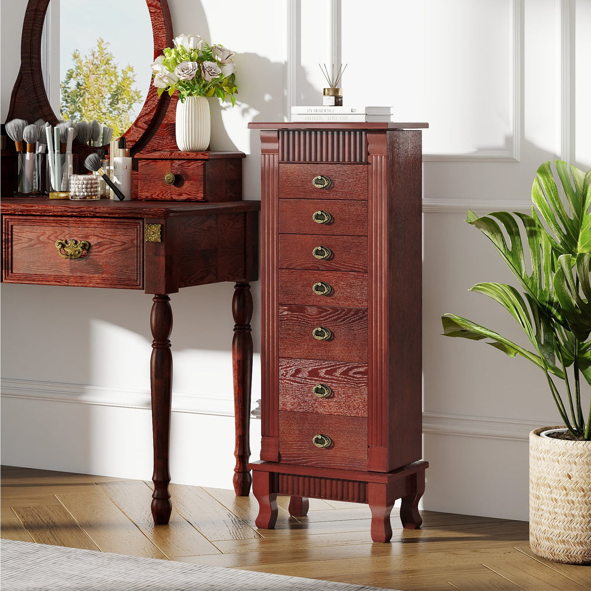 Armoire à bijoux en bois avec tiroirs et portes battantes