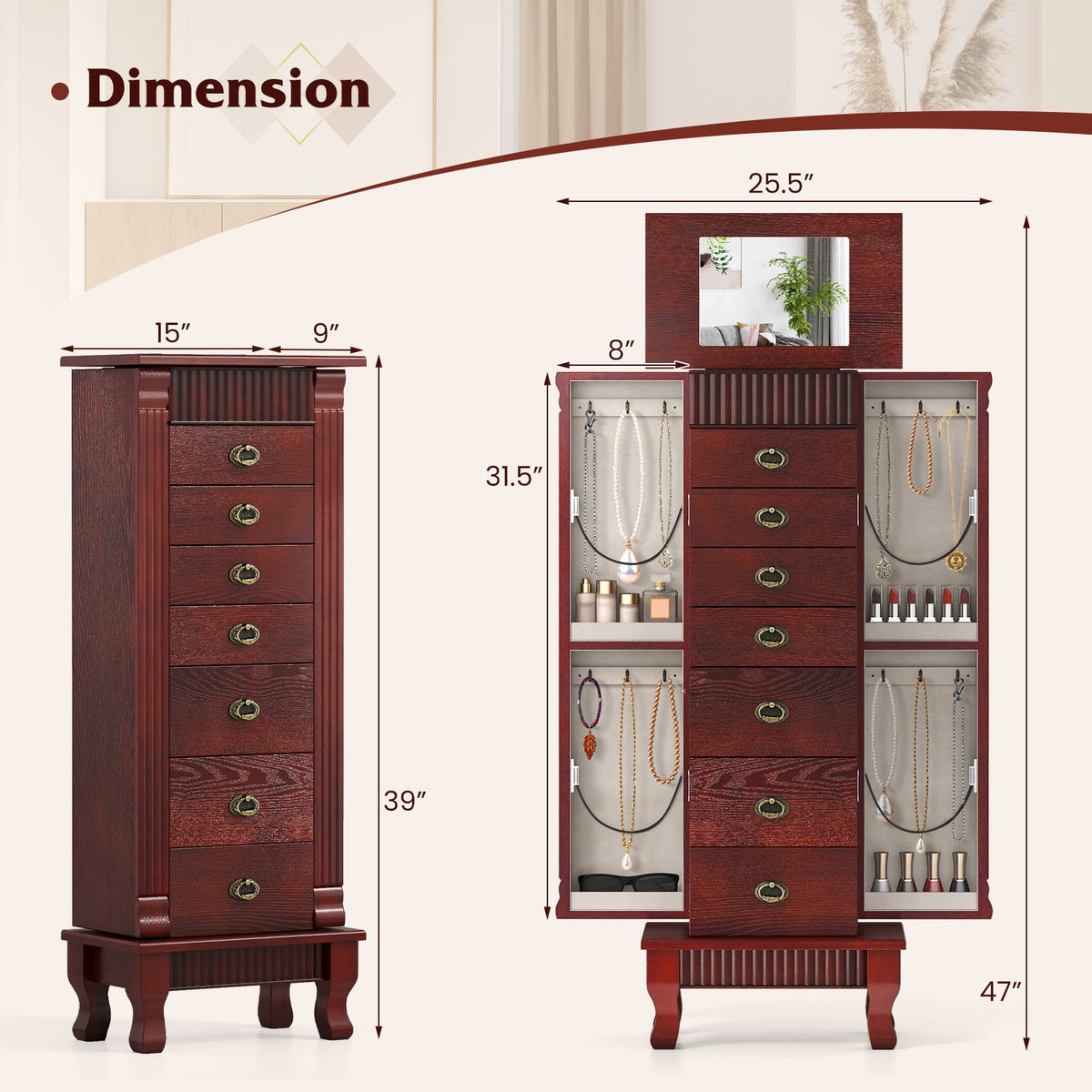 Armoire à bijoux en bois avec tiroirs et portes battantes