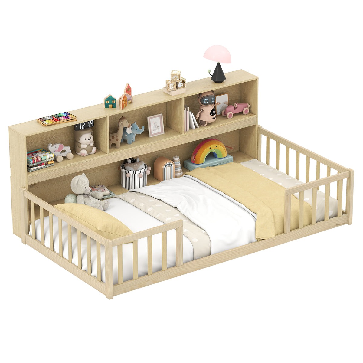Lit de sol Montessori pour enfant avec bibliothèque intégrée