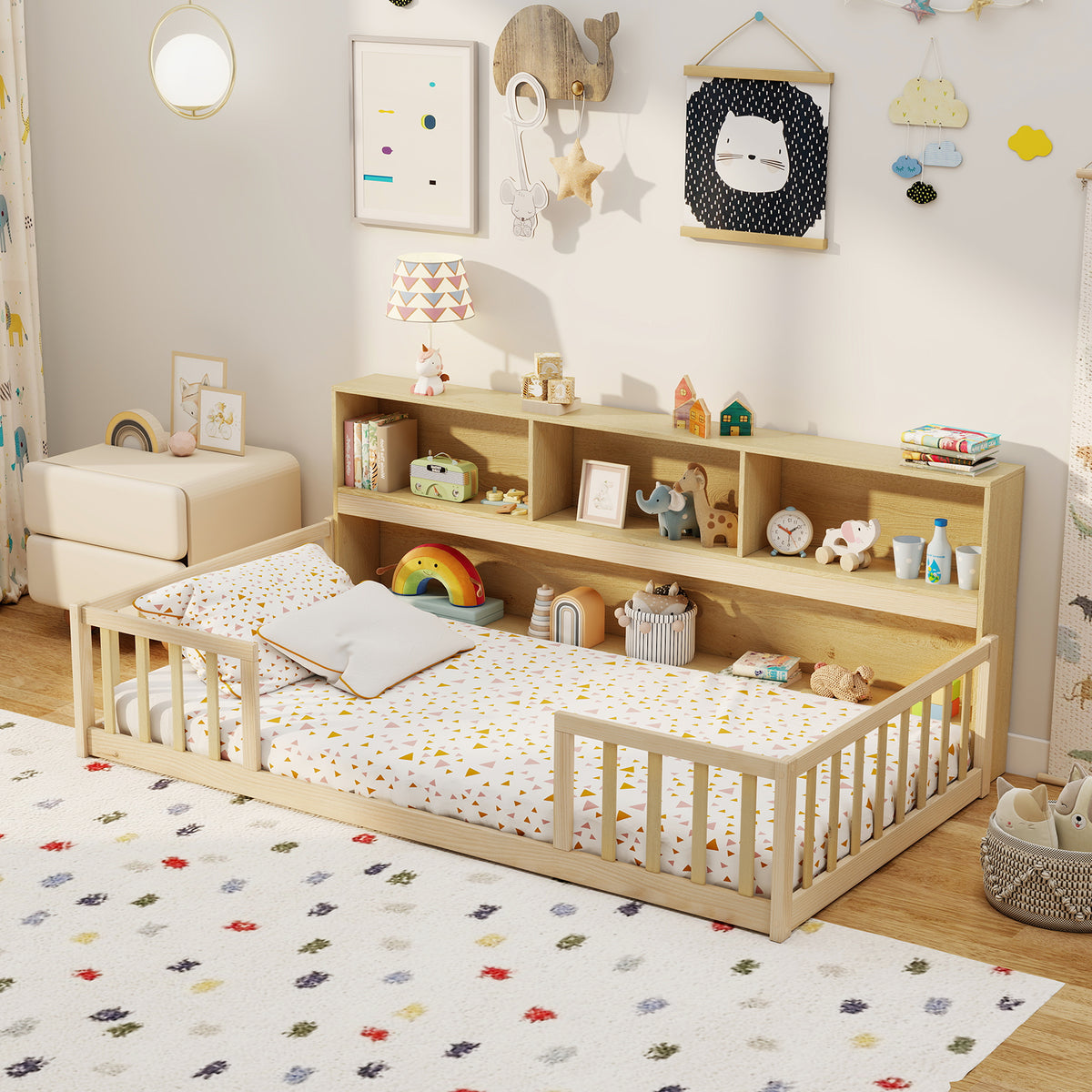 Lit de sol Montessori pour enfant avec bibliothèque intégrée