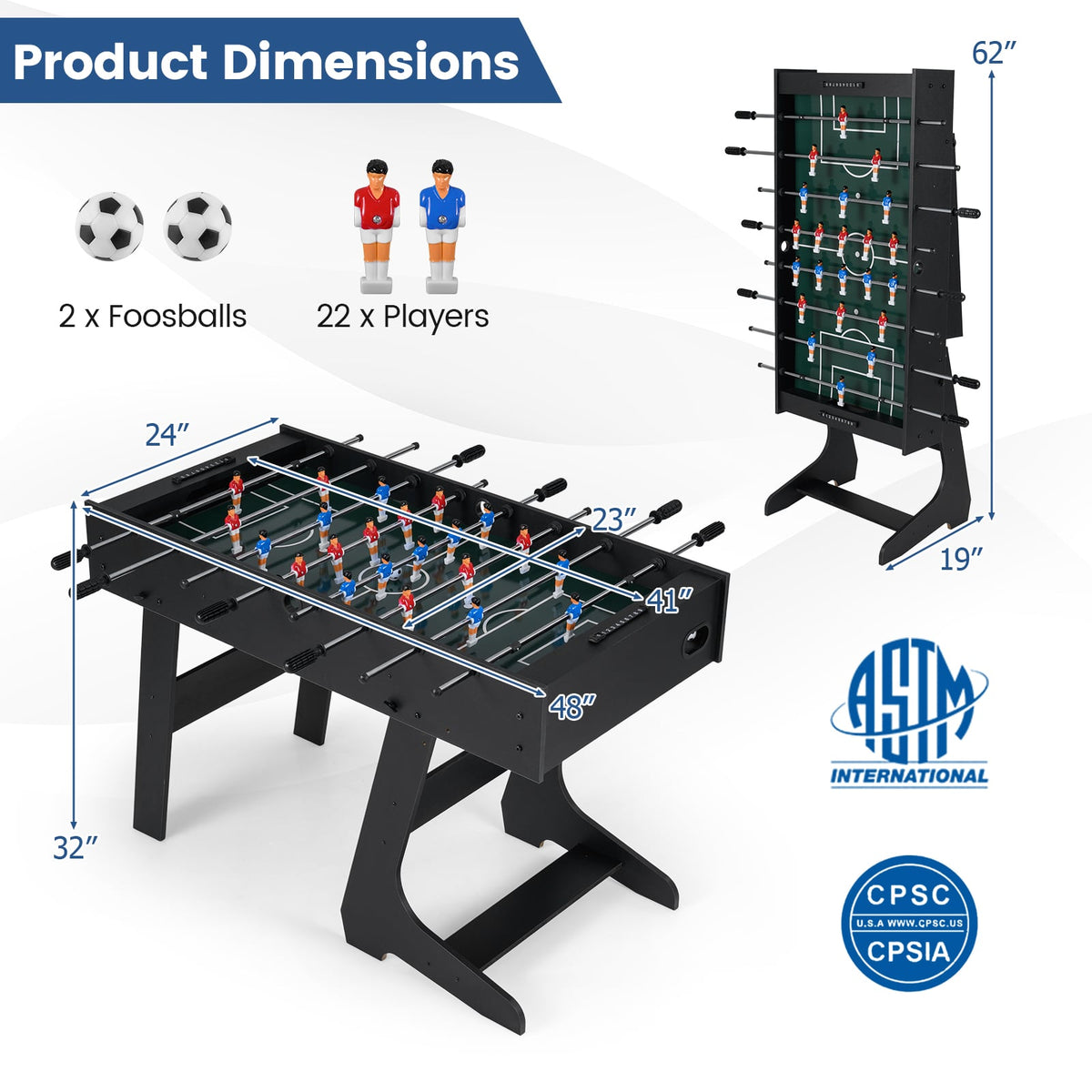Table de baby-foot pliante avec 22 joueurs