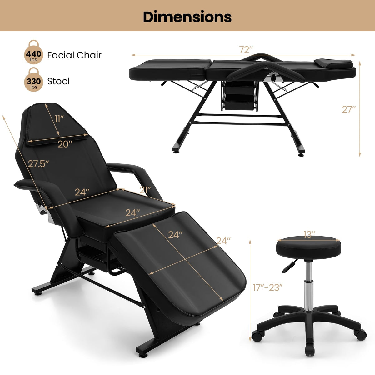 Table de massage 183 cm avec tabouret hydraulique et rangement