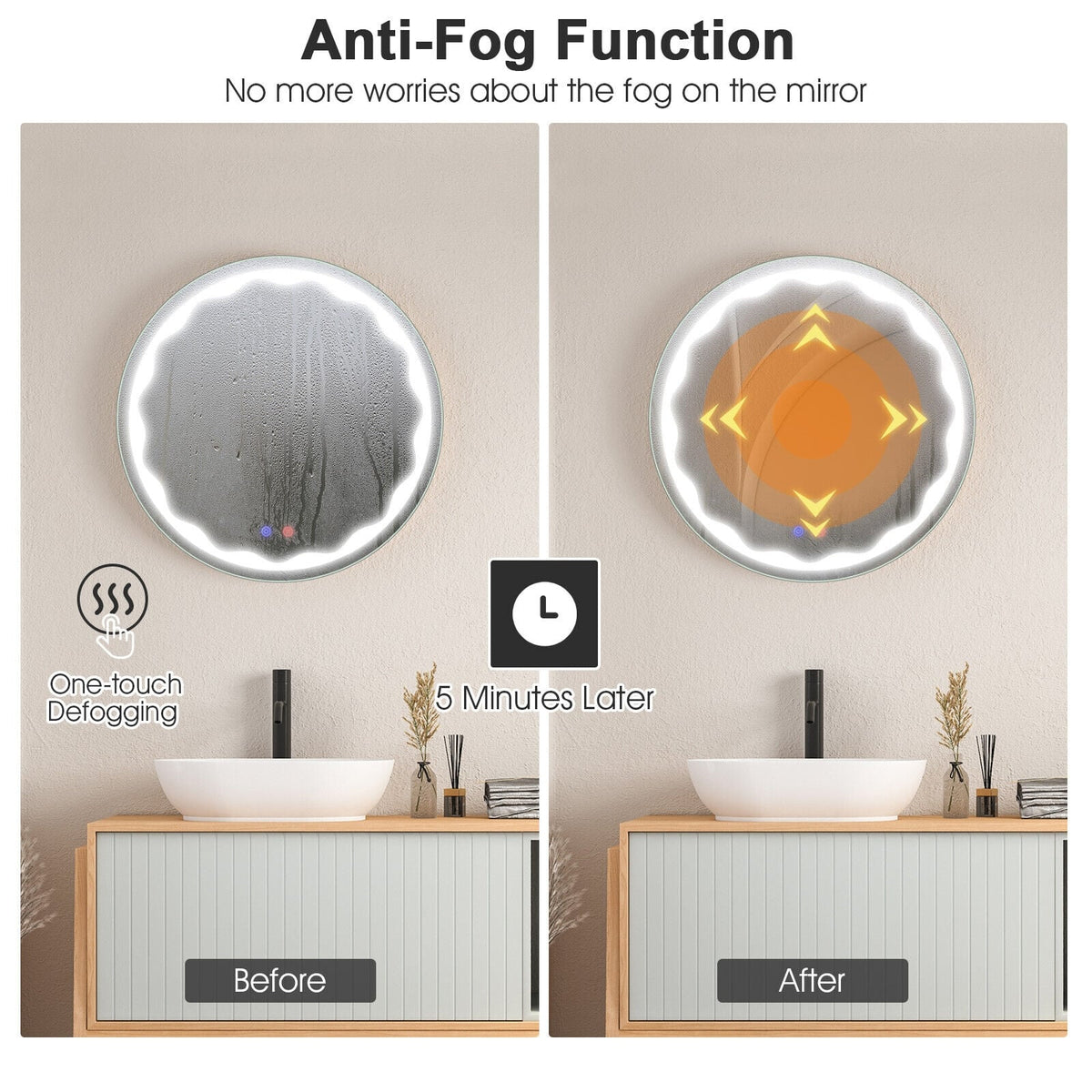 Miroir mural rond LED intelligent tactile