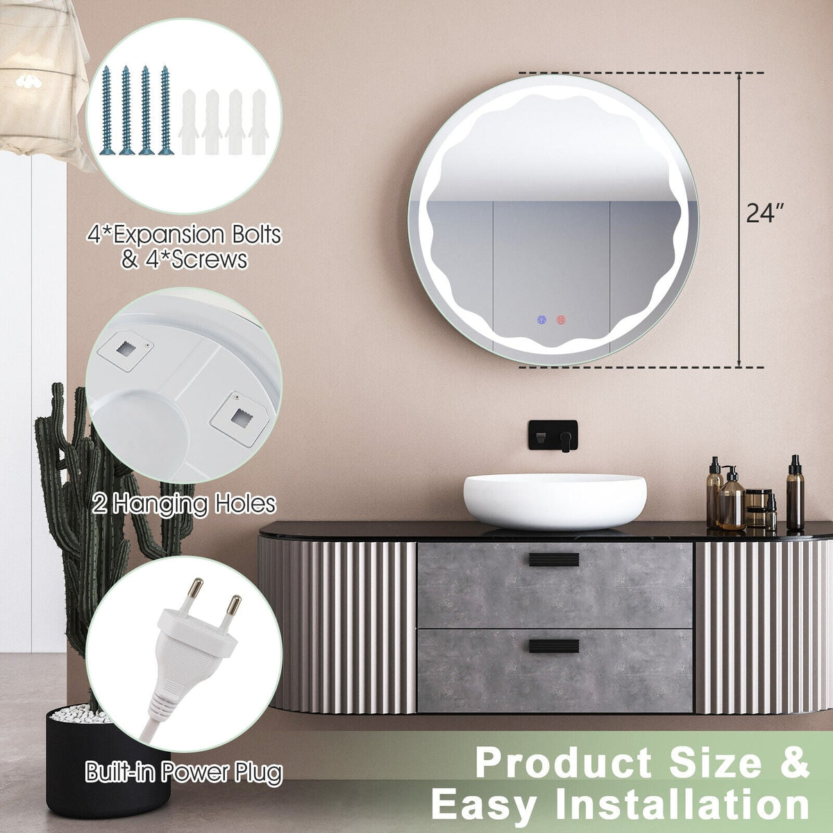 Miroir mural rond LED intelligent tactile