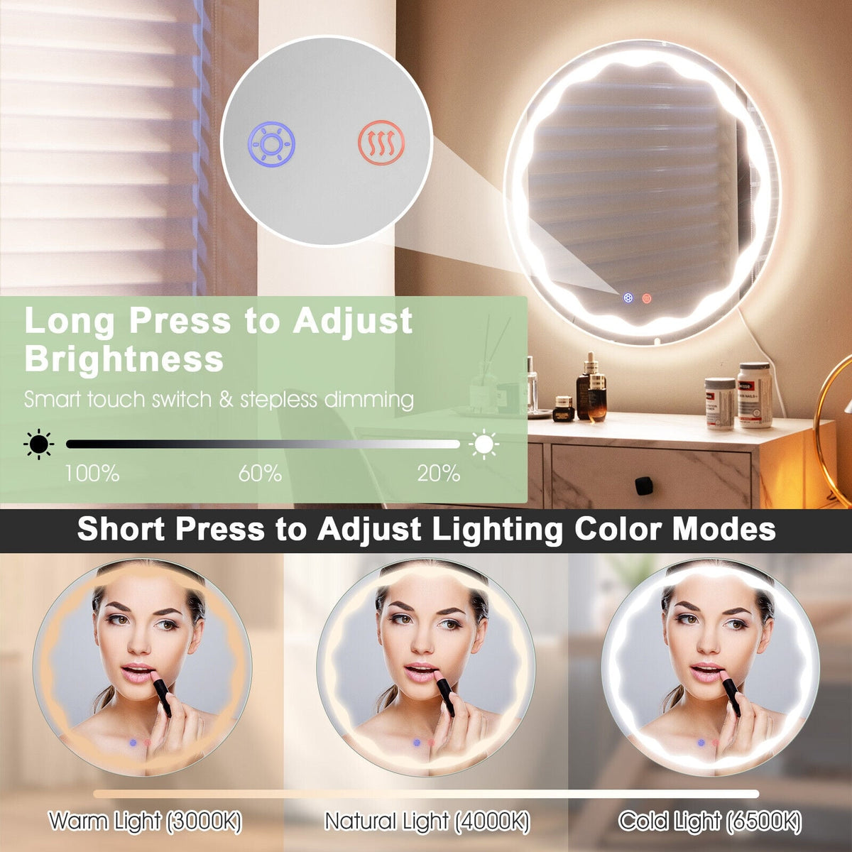 Miroir mural rond LED intelligent tactile