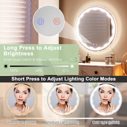 Miroir mural rond LED intelligent tactile