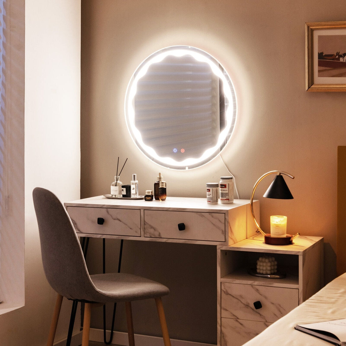 Miroir mural rond LED intelligent tactile