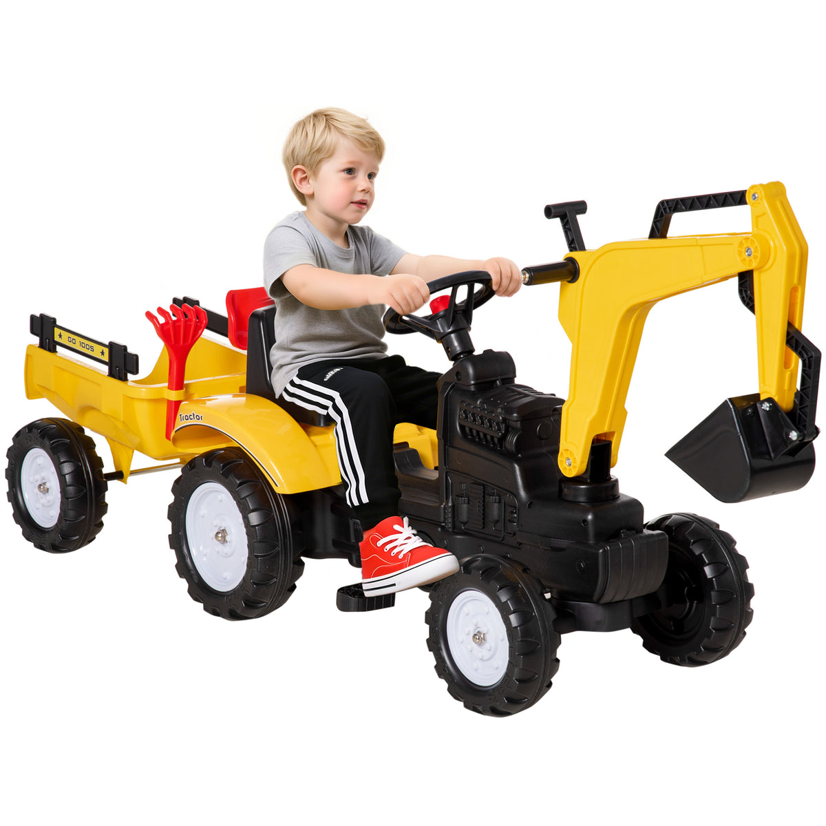 Tractor de pedales con brazo excavador y remolque