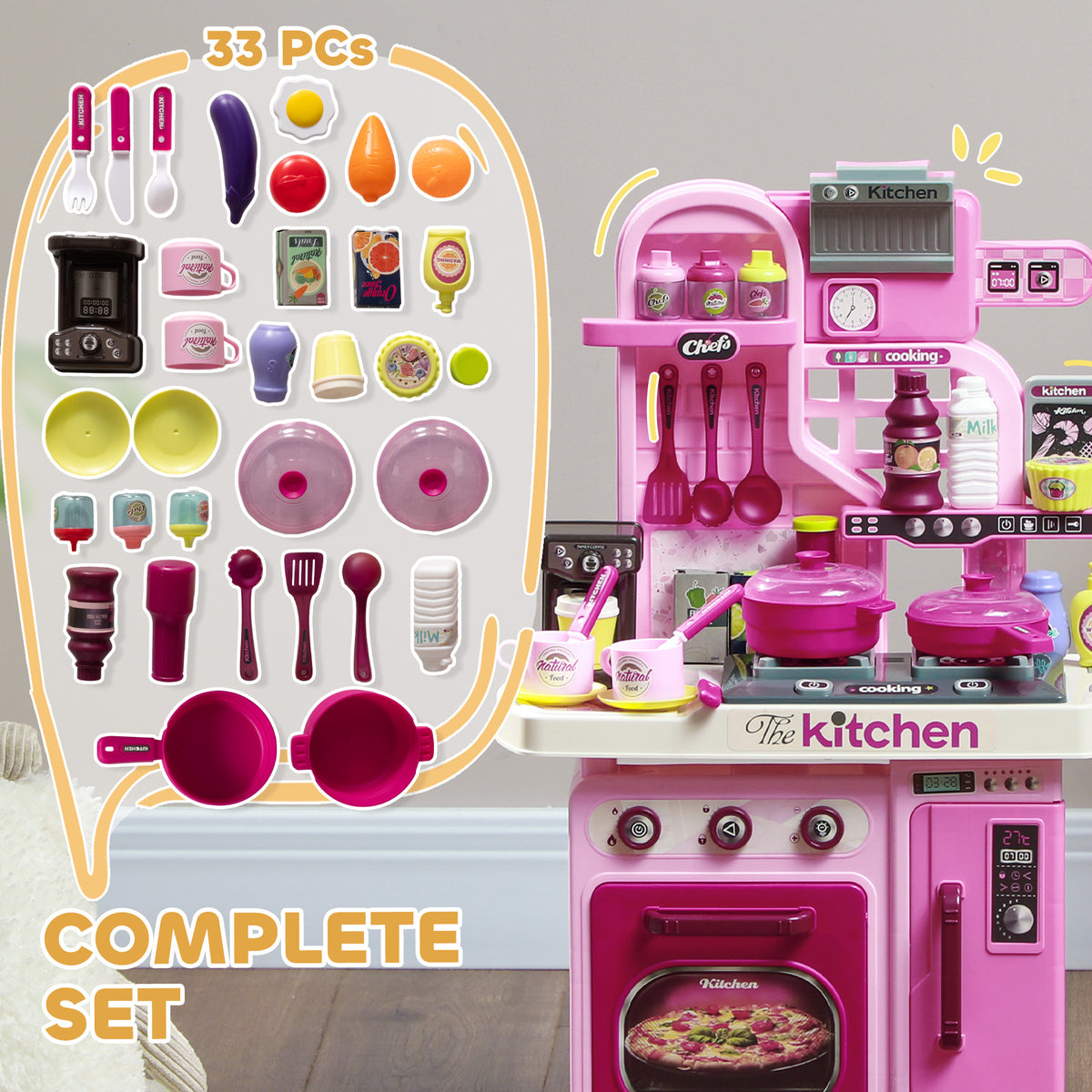 Kids Play Kitchen with Accessories and Sounds — Set of 33