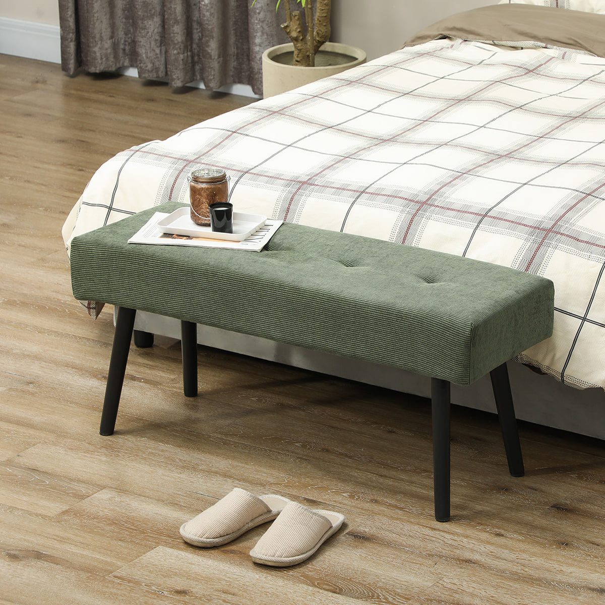 Tufted Corduroy Upholstered Bench with Steel Legs